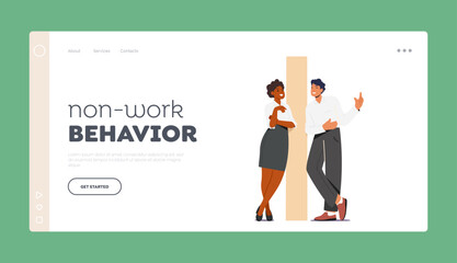 Non-work Behaviour Landing Page Template. Workplace Bullying, Gossip, Communication. Business Man and Woman Discuss