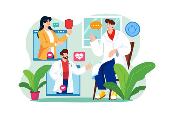 Video Calling In The Medical Team Illustration concept on white background