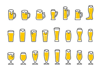 Set icons of beer with foam in mugs and glasses isolated PNG - obrazy, fototapety, plakaty
