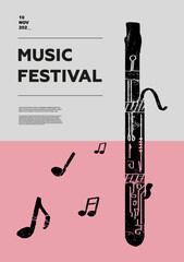 Bassoon, fagotto. Music festival poster. Wind musical instruments. Competition.  A set of vector illustrations. Minimalistic design. Banner, flyer, cover, print. - obrazy, fototapety, plakaty