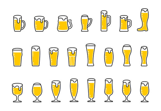 Set icons of beer with foam in mugs and glasses isolated PNG