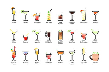 Popular alcoholic cocktails with titles part 2, icons set in flat style isolated PNG - obrazy, fototapety, plakaty