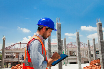 Handsome american engineer using laptop to check accuracy on construction site, building and...