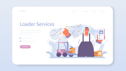 Loader service web banner or landing page. Storekeeper in uniform