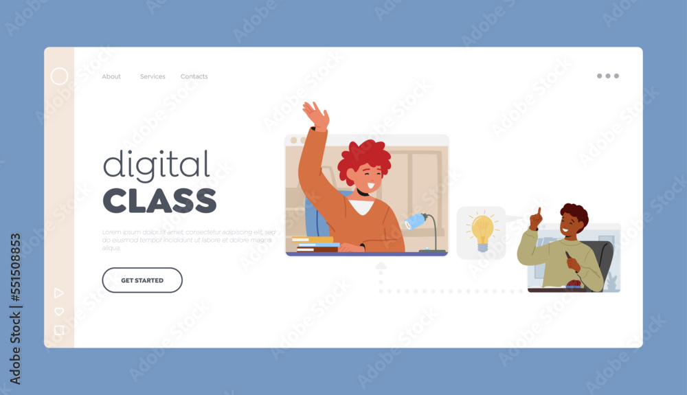 Poster digital class landing page template. kids studying remotely, children learn at home school, web e-le