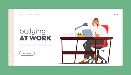 Bullying at Work Landing Page Template. Overwork Tired Worker Character Burnout, Tiredness Fatigue or Depression