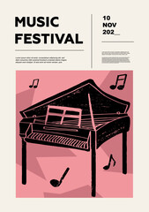 Spinet. Music festival poster. Keyboard musical instruments. Competition.  A set of vector illustrations. Minimalistic design. Banner, flyer, cover, print.