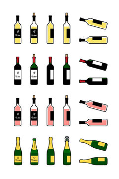 Wine and champagne bottles icons set. Bottle full, open, lying on side isolated PNG