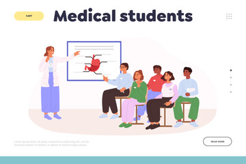 Medical students concept of landing page with class listening to doctor lecture in classroom