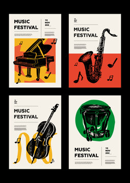 Piano, saxophone, sax, contrabass, cello, drum. Music festival poster. Musical instruments. Competition.  A set of vector illustrations. Minimalistic design. Banner, flyer, cover, print.
