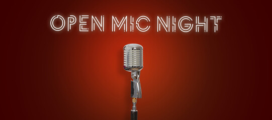 Vintage microphone and an open mic night text