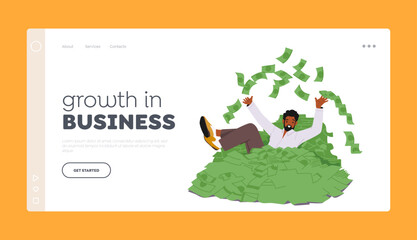 Growth in Business Landing Page Template. Rich Male Character Swimming in Huge Pile of Dollars. Successful Businessman