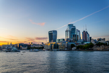 The City of London and the river Thames at sunset, in London, UK