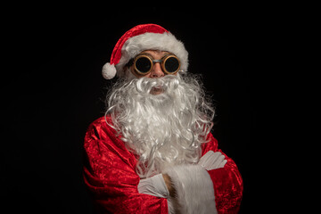 cyberpunk santa claus model with glasses and black background