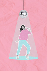 Artwork magazine collage picture of smiling happy lady having fun disco ball lights isolated drawing background