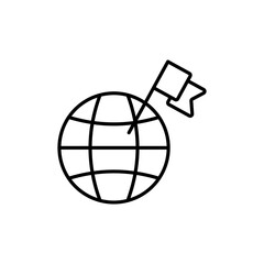 Flag on globe line icon. Map, globe, geography, target, mark, place, goal, performance, designation, path, race. Geography concept. Vector black line icon on a white background
