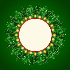 Round Christmas card with garlands and sprigs of fir. Beautiful vector Christmas illustration with space for copy. Holiday card on a green background, bright blurred lights