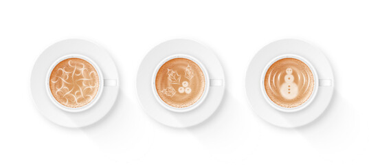 Latte arts set. Realistic images drawing on coffee or cappuccino foam in white 3d cup isolated