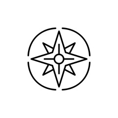 Compass line icon. Traveler, geography, poles, target, mark, place, goal, path, race, performance, designation. Geography concept. Vector black line icon on a white background