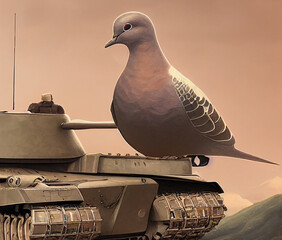 Pigeon stands on combat vehicle. Pigeon on tank. Concept on theme of war and peace.