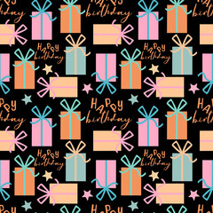 Seamless birthday pattern, Party presents seamless print,  festive birthday gifts background, Gift boxes, Hand drawn doodle gifts ornament, Cartoon flat design, Party, Birthday, Gifts