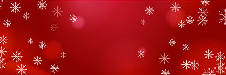 Fototapeta na wymiar Red and white christmas wide banner with snowflake bokeh decoration. Winter banner with snowflake. Horizontal new year background, headers, posters, cards, website. Vector illustration