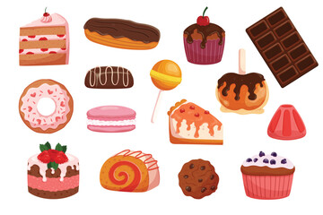 Set of Sweets And Desserts Isolated on White Background. Cake, Muffin, Macaroon, Donut Or Pie With Candy or Cookie