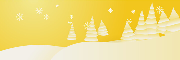 Obraz premium Yellow white christmas wide banner with snowflake bokeh decoration. Winter banner with snowflake. Horizontal new year background, headers, posters, cards, website. Vector illustration