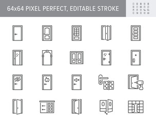 Door types line icons. Vector illustration include icon - sliding, french, folding, bifold, flush, arch, swing, revolving, hinges outline pictogram for doorway. 64x64 Pixel Perfect, Editable Stroke