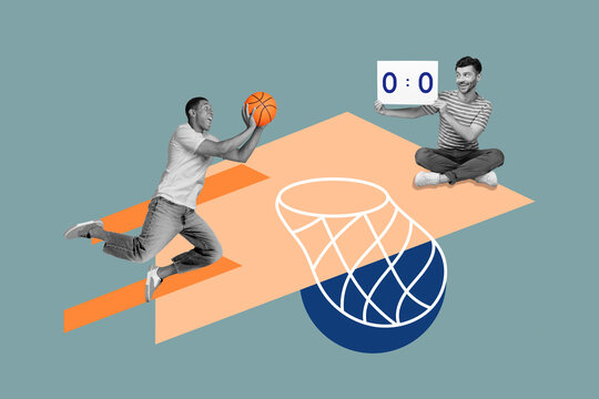 Creative collage image of black white colors two people hold scorecard jump throw basketball isolated on drawing background