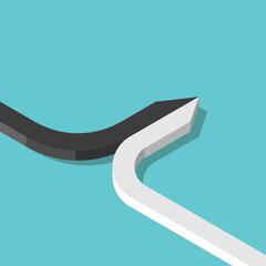 Isometric merging arrow, two different parts. Merger, teamwork, corporate deal, partnership, alliance and unity concept. Flat design. EPS 8 vector illustration, no transparency, no gradients