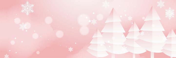 Pink and white christmas wide banner with snowflake bokeh decoration. Winter banner with snowflake. Horizontal new year background, headers, posters, cards, website. Vector illustration
