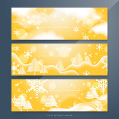 Orange and white christmas wide banner with snowflake bokeh decoration. Winter banner with snowflake. Horizontal new year background, headers, posters, cards, website. Vector illustration