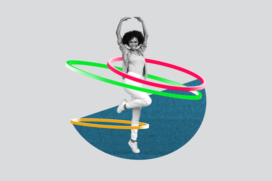 Composite collage picture of black white colors cheerful person ballerina dance spin hula hoops isolate on drawing background