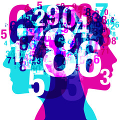 2 humans figure back-to-back silhouettes overlaid with various sized semi-transparent numerals. Overlaid in translucent white are numbers from 0 to 9.