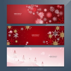 Fototapeta na wymiar Red and white christmas wide banner with snowflake bokeh decoration. Winter banner with snowflake. Horizontal new year background, headers, posters, cards, website. Vector illustration