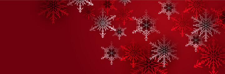 Naklejka na ściany i meble Red and white christmas wide banner with snowflake bokeh decoration. Winter banner with snowflake. Horizontal new year background, headers, posters, cards, website. Vector illustration