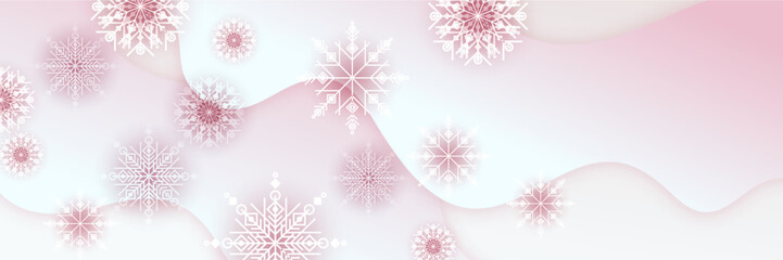 Red and white christmas wide banner with snowflake bokeh decoration. Winter banner with snowflake. Horizontal new year background, headers, posters, cards, website. Vector illustration