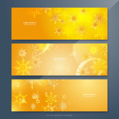 Naklejka na ściany i meble Orange yellow and white christmas wide banner with snowflake bokeh decoration. Winter banner with snowflake. Horizontal new year warm background, headers, posters, cards, website. Vector illustration