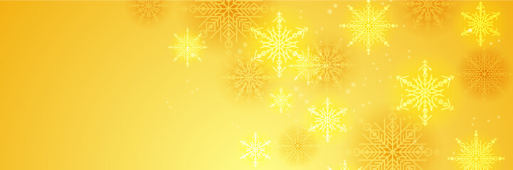 Fototapeta na wymiar Orange yellow and white christmas wide banner with snowflake bokeh decoration. Winter banner with snowflake. Horizontal new year warm background, headers, posters, cards, website. Vector illustration