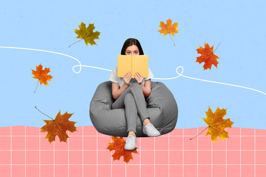 Collage photo of young girl prepare university final test autumn season hide face diary planner sit beanbag yellow leaves isolated on blue background