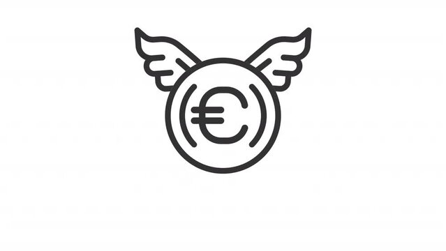 Animated flying euro linear icon. Financial bonus and earnings. Get easy money. Seamless loop HD video with alpha channel on transparent background. Outline motion graphic animation