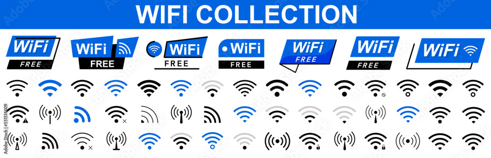 Poster free wifi icon set. remote access and radio waves communication symbols. free wifi signs set. intern