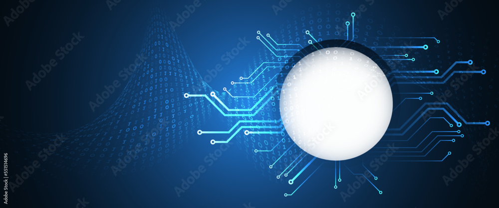 Poster Hi-tech computer digital technology concept. Wide Blue background with various technological elements. Abstract circle technology communication, vector illustration.