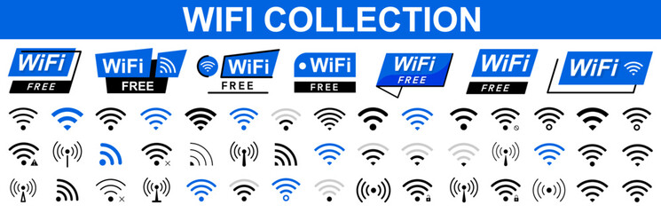 Free wifi icon set. Remote access and radio waves communication symbols. Free wifi signs set. Internet connection symbol. Wifi zone. Modern UI website navigation. Vector illustration
