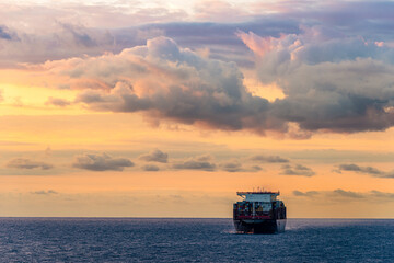 MSC Container Ship on sea at sunrise, Barcelona, Spain, Europe