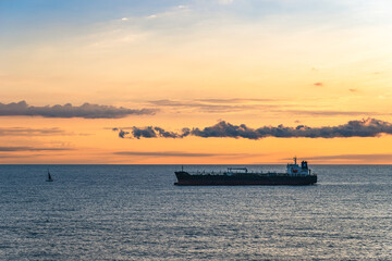 Oil Tanker Ship at Mediterranean Sea at sunrise, Barcelona, Spain, Europe