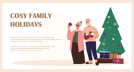 Obraz na płótnie Canvas Landing Page Template.Happy Old Aged Couple decorate Christmas Tree.Gift,Celebrating Christmas and New Year together.Holiday Atmosphere,Family winter holiday.Smiling Retired People.Vector illustration