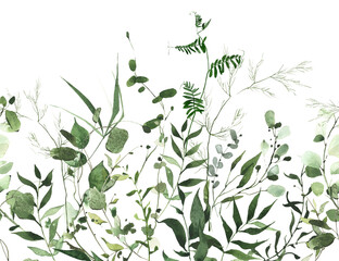 Watercolor painted greenery seamless frame. Green wild plants, branches, leaves and twigs. Cut out hand drawn PNG illustration on transparent background. Watercolour isolated clipart drawing.