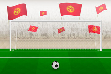 Kyrgyzstan football team fans with flags of Kyrgyzstan cheering on stadium, penalty kick concept in a soccer match.